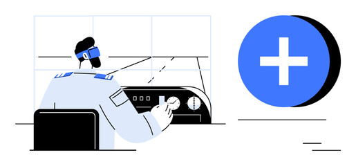 Aviation control concept. A pilot manages aircraft controls with focus on systems and navigation. Aviation safety tools and navigation displayed. Ideal for technology, aviation, engineering, safety