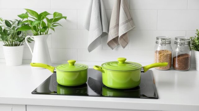 Vibrant lime green cookware heats up on a modern induction stovetop, ready for culinary creations. 4k high quality footage
