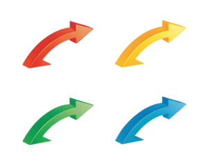 Four curved arrows red yellow green blue isolated on a transparent background direction