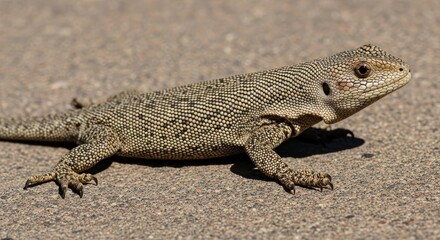 Detailed view of a rough scaled monitor lizard basking in the sun on textured concrete
