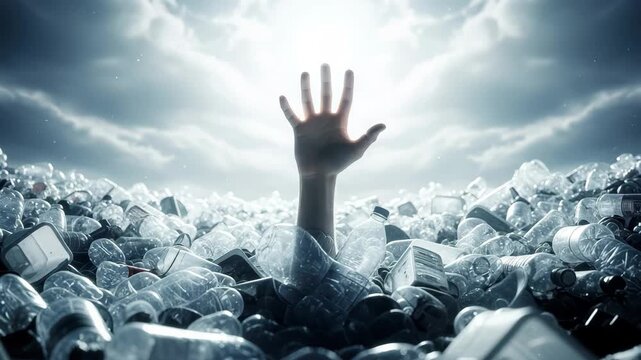 Desperate hand reaching for help from overwhelming plastic waste crisis 4k high quality footage