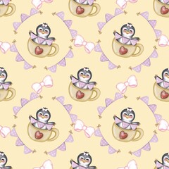 Seamless pattern Cute penguins collection in winter Hand drawn watercolor illustration. For labels, paper, textiles on yellow background.