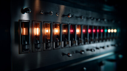 Cable management inside data cabinet, organized wires. Electricity and electrical maintenance. AC voltmeter, checking the voltage of electric current at the terminals of the switch and the cable