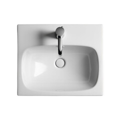 White ceramic sink with a chrome faucet viewed from above isolated on a transparent background