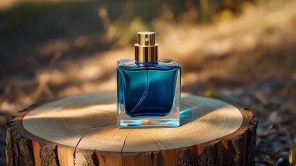 Blue glass perfume bottle with gold cap on wooden stump in nature fragrance