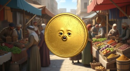 Animated anthropomorphic gold coin character at a bustling marketplace setting whimsical design