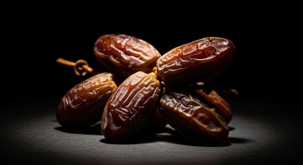 Obraz premium Pile of glistening dates against a stark background showcases their natural texture