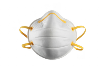 White respirator mask with yellow elastic straps and yellow nose clip isolated on a transparent background