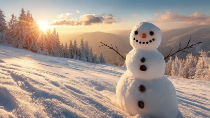 Happy snowman figure standing in deep snow on a mountain slope during a golden sunset with sun flare and snowy pine trees in the background winter wonderland landscape - Powered by Adobe
