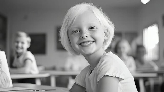 A young girl with blonde hair and bangs is smiling for the camera inside a classroom. She has onlookers behind her, indicating she may be the center of attention.