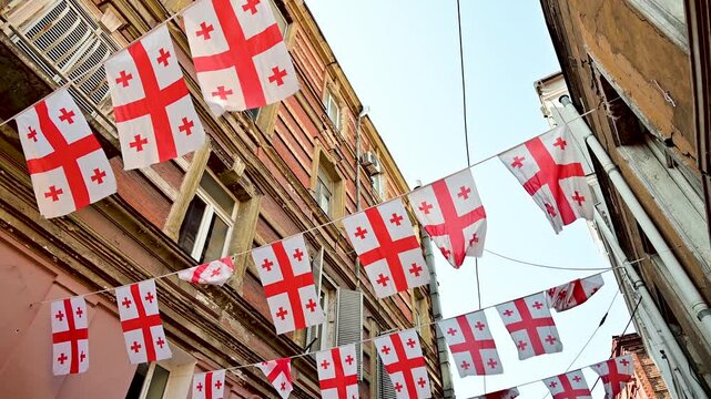 Georgian Flags Hanging Above Street in Central Tbilisi
