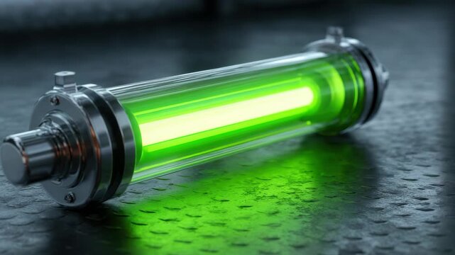 Futuristic Glass Capsule Filled With Glowing Neon Green Liquid Or Gas Resting On A Dark Textured Industrial Metal Surface With Reflections Suggesting Sci-Fi Energy Source