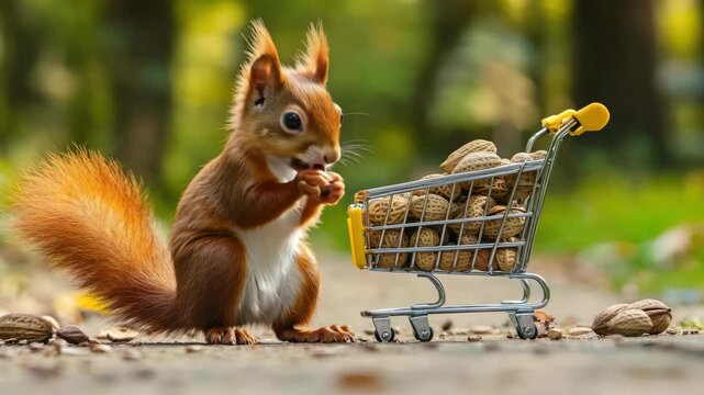 Funny squirrel pushing a cart of nuts through the park, with a mischievous expression and bushy tail