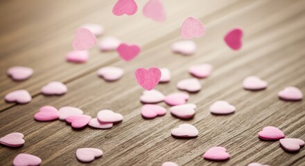 Floating hearts on weathered wood surface create a delicate display of affection