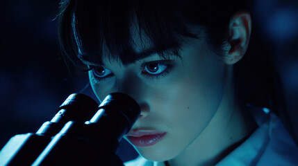Young female scientist looking through microscope lenses focused intense blue lighting laboratory setting close up portrait serious expression exploring re study