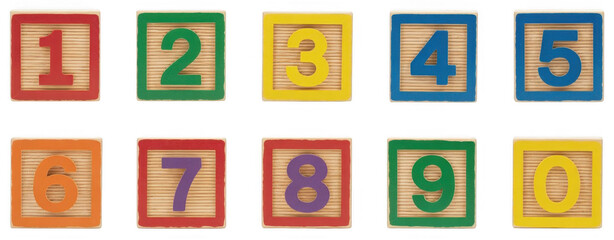 Wooden alphabet blocks with numbers one through nine and zero isolated on a transparent background