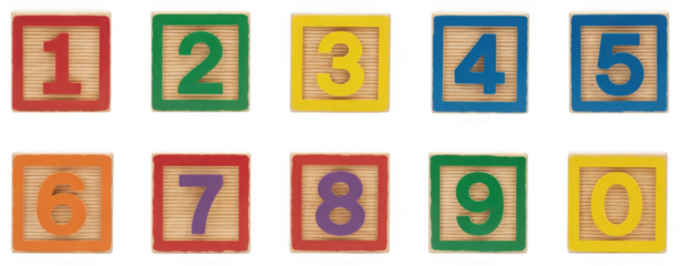 Wooden alphabet blocks with numbers one through nine and zero isolated on a transparent background