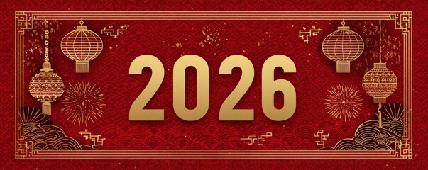Festive red background with gold 2026, lanterns and fireworks for Chinese New Year celebration