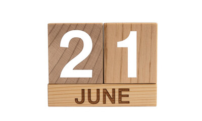 Wooden blocks displaying the date twenty first of June with black numbers and text isolated on a transparent background