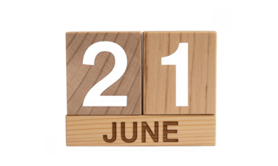 Wooden blocks displaying the date twenty first of June with black numbers and text isolated on a transparent background