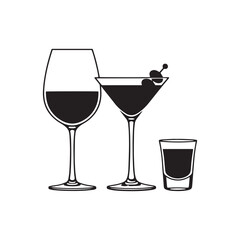 new year's party drinks silhouette vector set, black and white alcoholic beverage icons collection, cocktail, wine, and martini glasses silhouettes