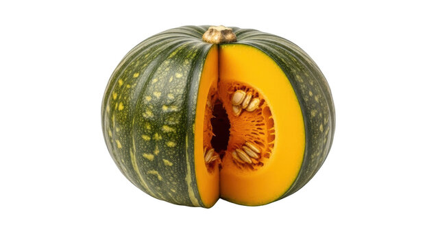 Green kabocha squash cut in half showing seeds and flesh