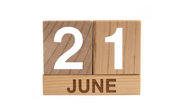 Wooden blocks displaying the date twenty first of June with black numbers and text isolated on a transparent background - Powered by Adobe