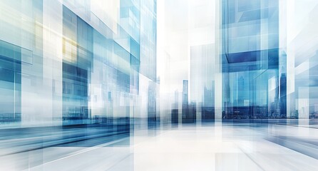 A bright, minimalist abstract cityscape or hallway rendered in cool blue tones with overlapping transparent structures and glowing light sources