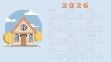 Flat-style 2026 calendar with cozy house illustration, trees, and clouds. Minimalist design ideal for planners, wall calendars, or seasonal stationery