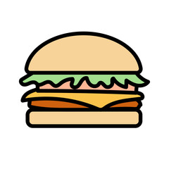 シンプルなハンバーガーを正面から描いたフラットデザインのイラストで軽食やファストフードを連想させる素材｜バンズとレタスとチーズの構成をわかりやすく表現した広告やメニューに使いやすい構図