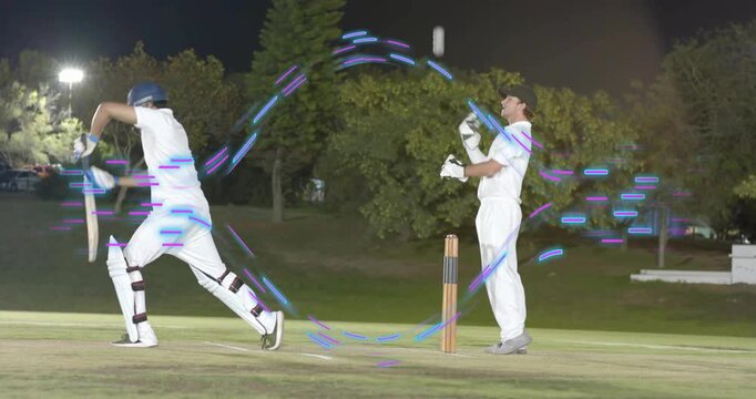 Bowler bowling batter playing running keeper rising team cheering stumps cricket trail tracing ball