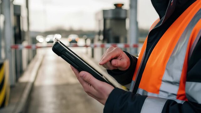 Worker in high-visibility vest uses rugged tablet at a busy toll booth, managing traffic flow with technology. 4k high quality footage