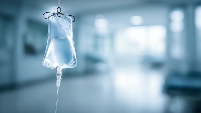 Close up of intravenous IV drip bag filled with clear saline solution hanging in a sterile blurred hospital corridor with blue tones emphasizing medical treatment