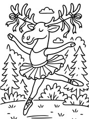 Fototapeta premium Ballerina Moose in Woodland: A whimsical illustration of a graceful moose in a ballet tutu and pointe shoes, dancing joyfully amidst a playful woodland scene.