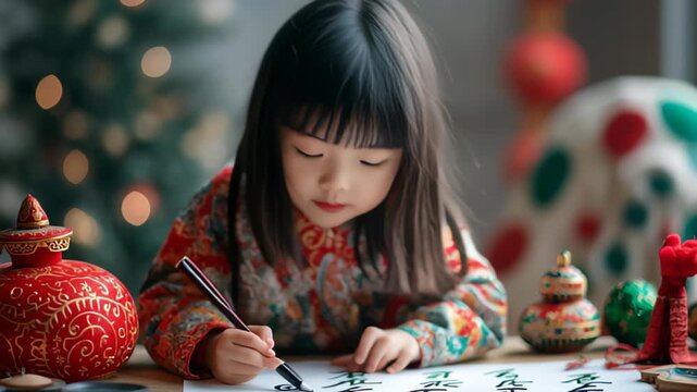 Young girl practicing calligraphy in festive setting with holiday ornaments