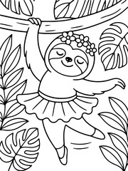 Naklejka premium Dancing Sloth: An adorable sloth gracefully hangs from a branch, adorned in a tutu, captivating with its whimsical dance amidst lush foliage.
