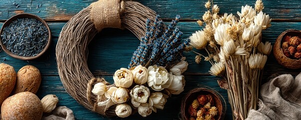 Rustic fall wreath with dried flowers, lavender, and burlap ribbon for cozy autumn home decor centerpiece
