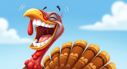 Humorous holiday illustration of a cartoon turkey bursting with laughter in a bright scene