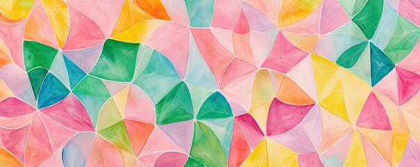 A vibrant, abstract digital illustration featuring a seamless pattern of overlapping, translucent triangles in pastel shades of pink, green, yellow, and blue