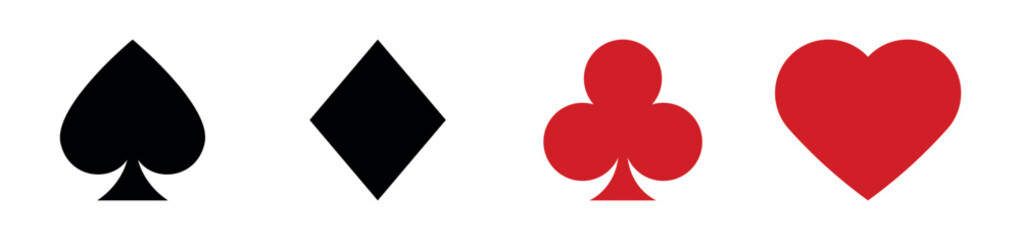 Four playing card suits icons set featuring a black spade and diamond and a red club and heart arranged horizontally in a clean, minimalist graphic design style