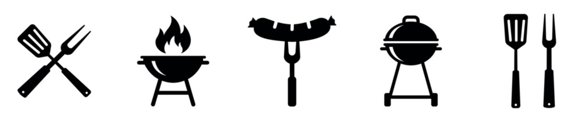 Five different black gear and cogwheel silhouettes in a minimalist icon set collection representing industry, mechanics, and engineering processes