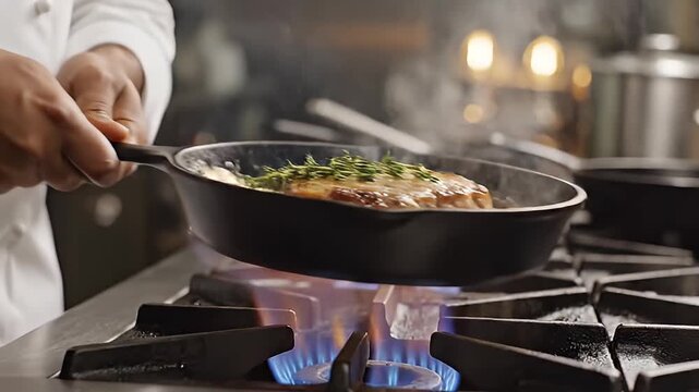Chef expertly sears a seasoned steak topped with fresh thyme in a hot cast iron skillet over a powerful blue gas flame