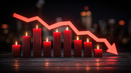 Red candles arranged in a descending bar chart shape on a wooden surface with a glowing red downward arrow indicating financial decline in a dimly lit urban night setting