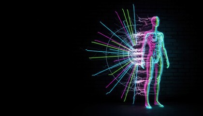 Glowing neon full body human silhouette with nervous system lines on a dark brick wall. 3D illustration representing anatomy, biology, cyborgs or medical science.