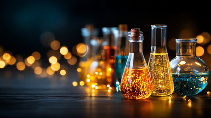 Golden 2026 year in science laboratory with colorful chemical liquids and bokeh lights, future research visualization, laboratory celebration, scientific milestone, new year innova