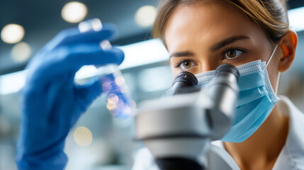 Female faceless scientist wearing white protective gear analyzing test samples under microscope in contemporary research environment, closeup of white gloved hand, medicine and sci