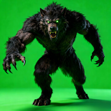 Ferocious Werewolf Monster with Glowing Eyes Scary Beast Growling, Full Body Digital Illustration on green screen 
