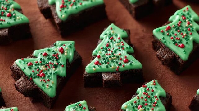 Festive Christmas tree shaped chocolate brownies decorated with vibrant green frosting and red sprinkles arranged neatly on a dark wooden surface for holiday dessert