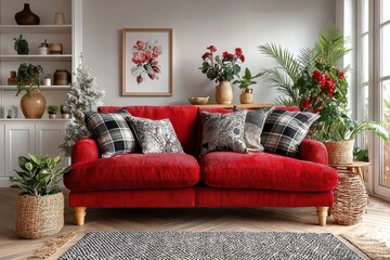 Fototapeta premium Cozy red sofa living room with plants cushions and a festive Christmas tree centerpiece