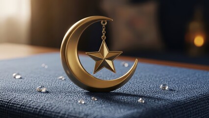 Golden crescent moon with a hanging star on blue fabric. Islamic symbol for Ramadan, Eid al-Fitr, and other religious holidays.